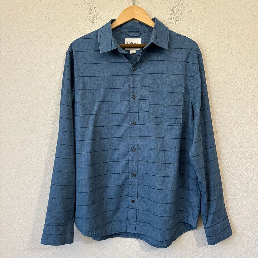 UPWEST Pinstriped Button Up Shirt Blue Chambray Long Sleeve Work Retro